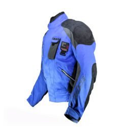 A black and blue BÜSE all-weather touring and adventure motorcycle jacket, size XXS, in very good condition. Features durable 450D polyester with reinforcements, a waterproof and breathable Humax® Z-liner, adjustable fit, ventilation zips, and pockets for shoulder, elbow, and back protectors