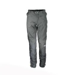 A pair of black DXR waterproof textile motorcycle pants, size M (48/50, 85 cm waist), in very good condition. Features a Klima-Membrane for all-weather touring, knee protectors, reflectors, waist adjustment, and a short jacket connection zipper.