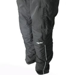 A pair of black DXR waterproof textile motorcycle pants, size M (48/50, 85 cm waist), in very good condition. Features a Klima-Membrane for all-weather touring, knee protectors, reflectors, waist adjustment, and a short jacket connection zipper.
