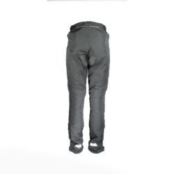 A pair of black DXR waterproof textile motorcycle pants, size M (48/50, 85 cm waist), in very good condition. Features a Klima-Membrane for all-weather touring, knee protectors, reflectors, waist adjustment, and a short jacket connection zipper.