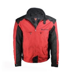 A black and red Dainese Moto Collection touring jacket, size 54, in very good condition. Features versatile styling with detachable sleeves, full-length ventilation, a thermal liner, multiple pockets, and CE protection for shoulders, elbows, and back.