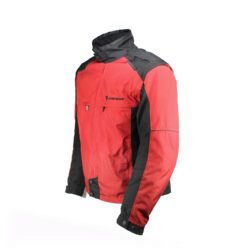 A black and red Dainese Moto Collection touring jacket, size 54, in very good condition. Features versatile styling with detachable sleeves, full-length ventilation, a thermal liner, multiple pockets, and CE protection for shoulders, elbows, and back.