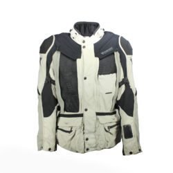 A black and beige Dainese D-Explorer adventure motorcycle jacket, size 58, in very good condition. Features an advanced modular flap system for ventilation, pockets for shoulder, elbow, and back protectors, and a removable rear exhaust vent. The jacket includes a replaceable country flag patch.