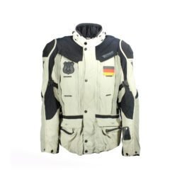 A black and beige Dainese D-Explorer adventure motorcycle jacket, size 58, in very good condition. Features an advanced modular flap system for ventilation, pockets for shoulder, elbow, and back protectors, and a removable rear exhaust vent. The jacket includes a replaceable country flag patch.
