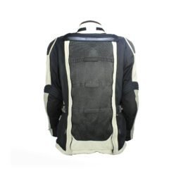 A black and beige Dainese D-Explorer adventure motorcycle jacket, size 58, in very good condition. Features an advanced modular flap system for ventilation, pockets for shoulder, elbow, and back protectors, and a removable rear exhaust vent. The jacket includes a replaceable country flag patch.