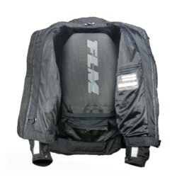 A black FLM Air Mesh motorcycle jacket, size 5XL, in very good condition. Features a full mesh textile construction for maximum airflow in hot weather, multiple adjustment straps, a pants connection zipper, and CE-rated protectors at shoulders, elbows, and back.