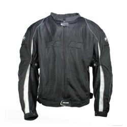 A black FLM Air Mesh motorcycle jacket, size 5XL, in very good condition. Features a full mesh textile construction for maximum airflow in hot weather, multiple adjustment straps, a pants connection zipper, and CE-rated protectors at shoulders, elbows, and back.