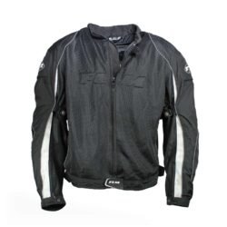 A black FLM Air Mesh motorcycle jacket, size 5XL, in very good condition. Features a full mesh textile construction for maximum airflow in hot weather, multiple adjustment straps, a pants connection zipper, and CE-rated protectors at shoulders, elbows, and back.