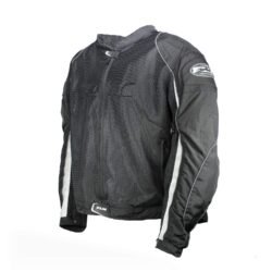 A black FLM Air Mesh motorcycle jacket, size 5XL, in very good condition. Features a full mesh textile construction for maximum airflow in hot weather, multiple adjustment straps, a pants connection zipper, and CE-rated protectors at shoulders, elbows, and back.