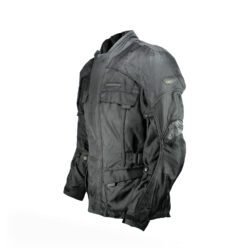 A black Fieldsheer waterproof touring and street motorcycle jacket, size M, in very good condition. Features a RainGuard membrane, multiple adjustment points and pockets, and protectors at the shoulders, elbows, and back for safety.