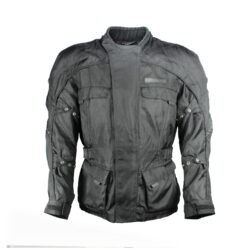 A black Fieldsheer waterproof touring and street motorcycle jacket, size M, in very good condition. Features a RainGuard membrane, multiple adjustment points and pockets, and protectors at the shoulders, elbows, and back for safety.