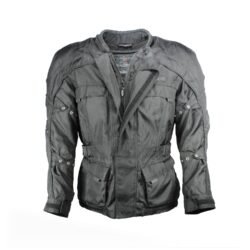 A black Fieldsheer waterproof touring and street motorcycle jacket, size M, in very good condition. Features a RainGuard membrane, multiple adjustment points and pockets, and protectors at the shoulders, elbows, and back for safety.