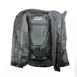 A black Fieldsheer waterproof touring and street motorcycle jacket, size M, in very good condition. Features a RainGuard membrane, multiple adjustment points and pockets, and protectors at the shoulders, elbows, and back for safety.