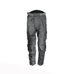 A pair of black Geneze waterproof textile motorcycle pants, size 2XL (96 cm stretch waist), in good condition. Features a Reissa-membrane, knee protectors, multiple adjustment points, reflective details, and leather reinforcements for durability.