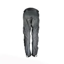 A pair of black Geneze waterproof textile motorcycle pants, size 2XL (96 cm stretch waist), in good condition. Features a Reissa-membrane, knee protectors, multiple adjustment points, reflective details, and leather reinforcements for durability.