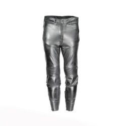 A pair of black Hein Gericke Streetline leather motorcycle pants, size 48 (85 cm waist), in good condition. Features a classic café-racer style with foam knee protectors. Hip protectors have been removed, leaving visible stitch holes but not affecting function.
