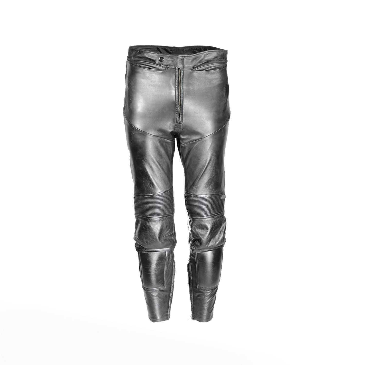 A pair of black Hein Gericke Streetline leather motorcycle pants, size 48 (85 cm waist), in good condition. Features a classic café-racer style with foam knee protectors. Hip protectors have been removed, leaving visible stitch holes but not affecting function.