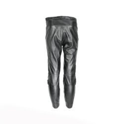 A pair of black Hein Gericke Streetline leather motorcycle pants, size 48 (85 cm waist), in good condition. Features a classic café-racer style with foam knee protectors. Hip protectors have been removed, leaving visible stitch holes but not affecting function.