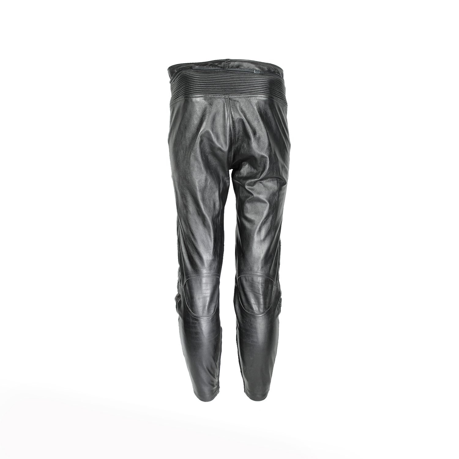 A pair of black Hein Gericke Streetline leather motorcycle pants, size 48 (85 cm waist), in good condition. Features a classic café-racer style with foam knee protectors. Hip protectors have been removed, leaving visible stitch holes but not affecting function.