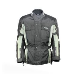 A black and grey Held touring and adventure motorcycle jacket, size L, in very good condition. Features a climate membrane for waterproofing and windproofing, a removable thermal liner, multiple adjustment points and pockets, and CE protectors at shoulders, elbows, and back.