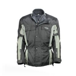 A black and grey Held touring and adventure motorcycle jacket, size L, in very good condition. Features a climate membrane for waterproofing and windproofing, a removable thermal liner, multiple adjustment points and pockets, and CE protectors at shoulders, elbows, and back.