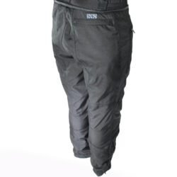 A pair of black IXS waterproof textile motorcycle pants, size L (91 cm stretch waist), in like-new condition. Features a Gore-Tex membrane, knee and hip protectors, and a full-length connection zipper for a riding jacket.