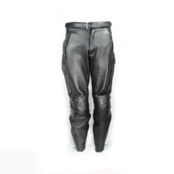 A pair of black Louis leather motorcycle trousers, size XL/27 (107 cm stretch waist), in good condition. Features a café-racer and street style with foam knee and hip protection, a full-length jacket connection zipper, a matching leather belt, and high-quality cowhide construction.
