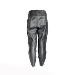 A pair of black Louis leather motorcycle trousers, size XL/27 (107 cm stretch waist), in good condition. Features a café-racer and street style with foam knee and hip protection, a full-length jacket connection zipper, a matching leather belt, and high-quality cowhide construction.