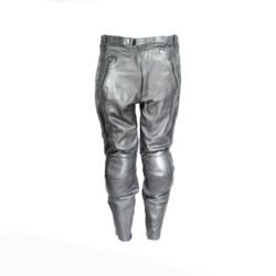 A pair of black Louis leather motorcycle trousers, size 62 (100 cm stretch waist), in very good condition. Features a café-racer and street style with foam knee and hip protection, a full-length jacket connection zipper, and high-quality cowhide construction.