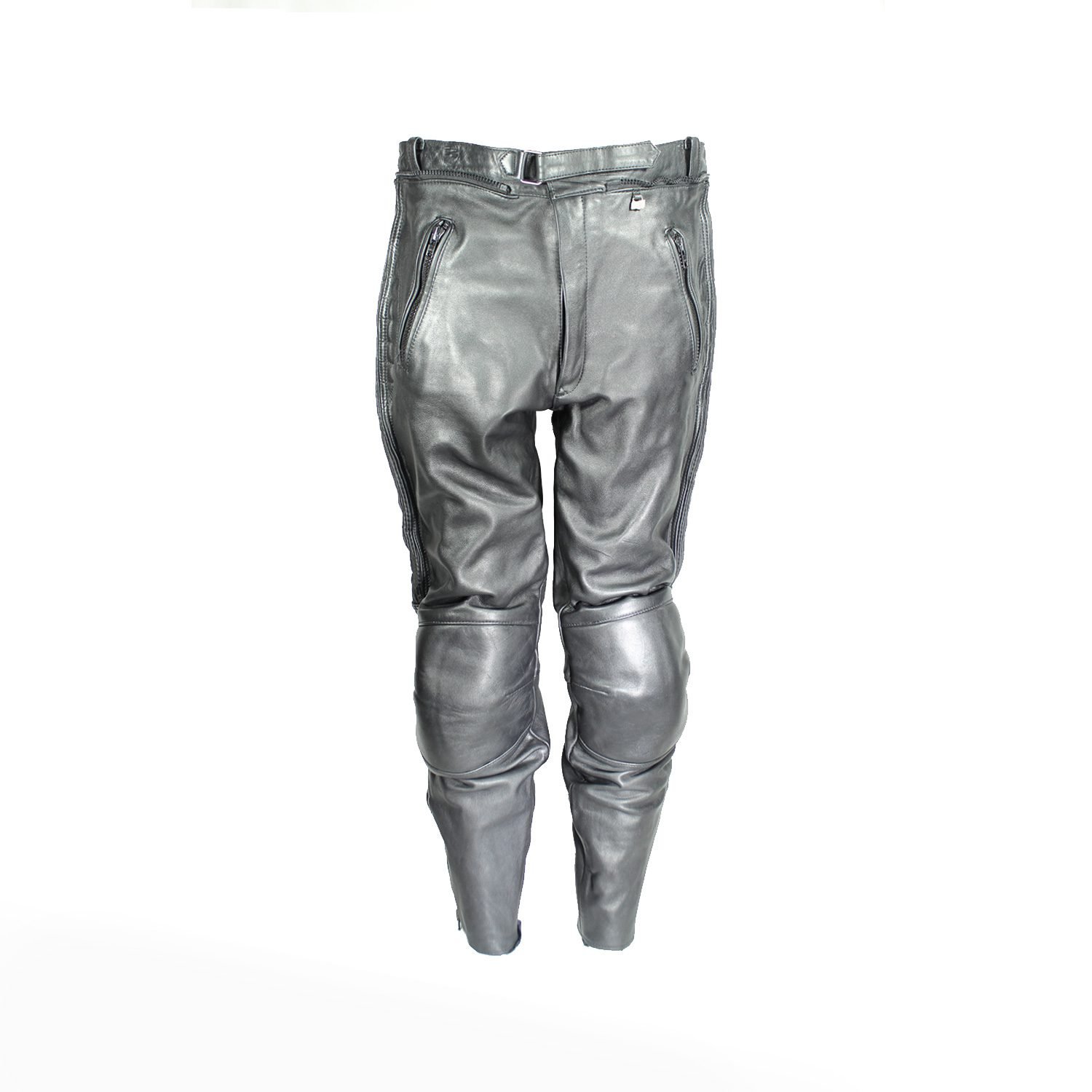 A pair of black Louis leather motorcycle trousers, size 62 (100 cm stretch waist), in very good condition. Features a café-racer and street style with foam knee and hip protection, a full-length jacket connection zipper, and high-quality cowhide construction.