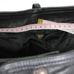 A pair of black Louis leather motorcycle trousers, size M 50 (86 cm waist), in good condition. Features a classic cruiser and chopper style with a 5-pocket jean design, belt loops, and high-quality cowhide construction.