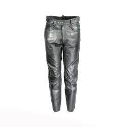 A pair of black Louis leather motorcycle trousers, size M 50 (86 cm waist), in good condition. Features a classic cruiser and chopper style with a 5-pocket jean design, belt loops, and high-quality cowhide construction.