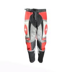 A pair of Polaris Cross motorcycle pants in black, red, and grey, size XL (96 cm stretch waist), in good condition. Features a motocross-style textile construction with integrated knee protectors.