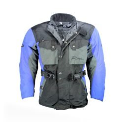 A black and blue Polo Competition R women's leather motorcycle jacket, size 36, in very good condition. Features a snug racing fit, shoulder, elbow, and back protectors, reflective stripes, and a connection zipper for track days or street riding.