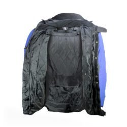 A black and blue Polo Competition R women's leather motorcycle jacket, size 36, in very good condition. Features a snug racing fit, shoulder, elbow, and back protectors, reflective stripes, and a connection zipper for track days or street riding.