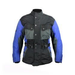 A black and blue Polo Competition R women's leather motorcycle jacket, size 36, in very good condition. Features a snug racing fit, shoulder, elbow, and back protectors, reflective stripes, and a connection zipper for track days or street riding.