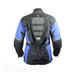 A black and blue Polo Competition R women's leather motorcycle jacket, size 36, in very good condition. Features a snug racing fit, shoulder, elbow, and back protectors, reflective stripes, and a connection zipper for track days or street riding.