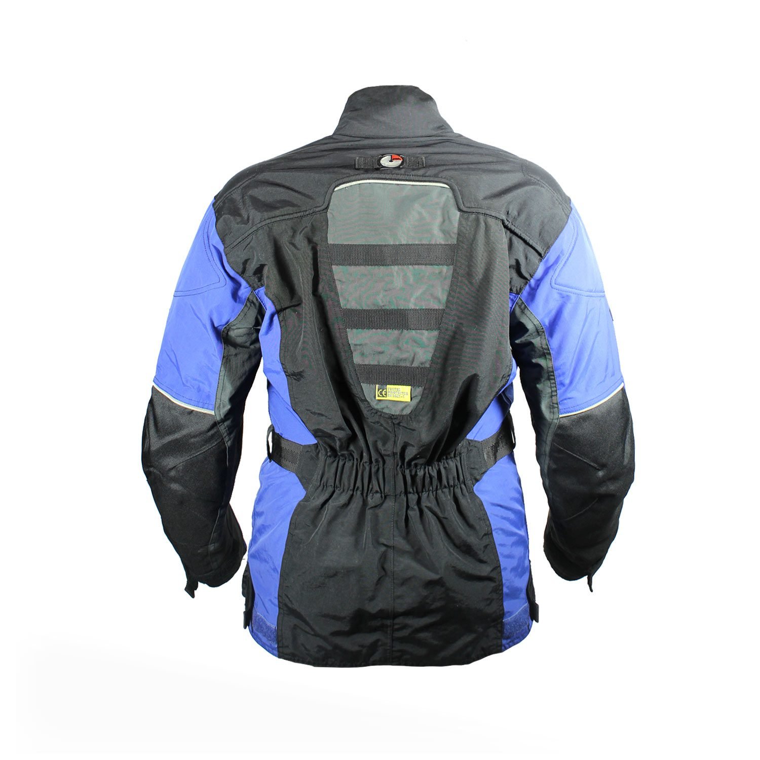 A black and blue Polo Competition R women's leather motorcycle jacket, size 36, in very good condition. Features a snug racing fit, shoulder, elbow, and back protectors, reflective stripes, and a connection zipper for track days or street riding.