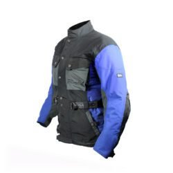 A black and blue Polo Competition R women's leather motorcycle jacket, size 36, in very good condition. Features a snug racing fit, shoulder, elbow, and back protectors, reflective stripes, and a connection zipper for track days or street riding.