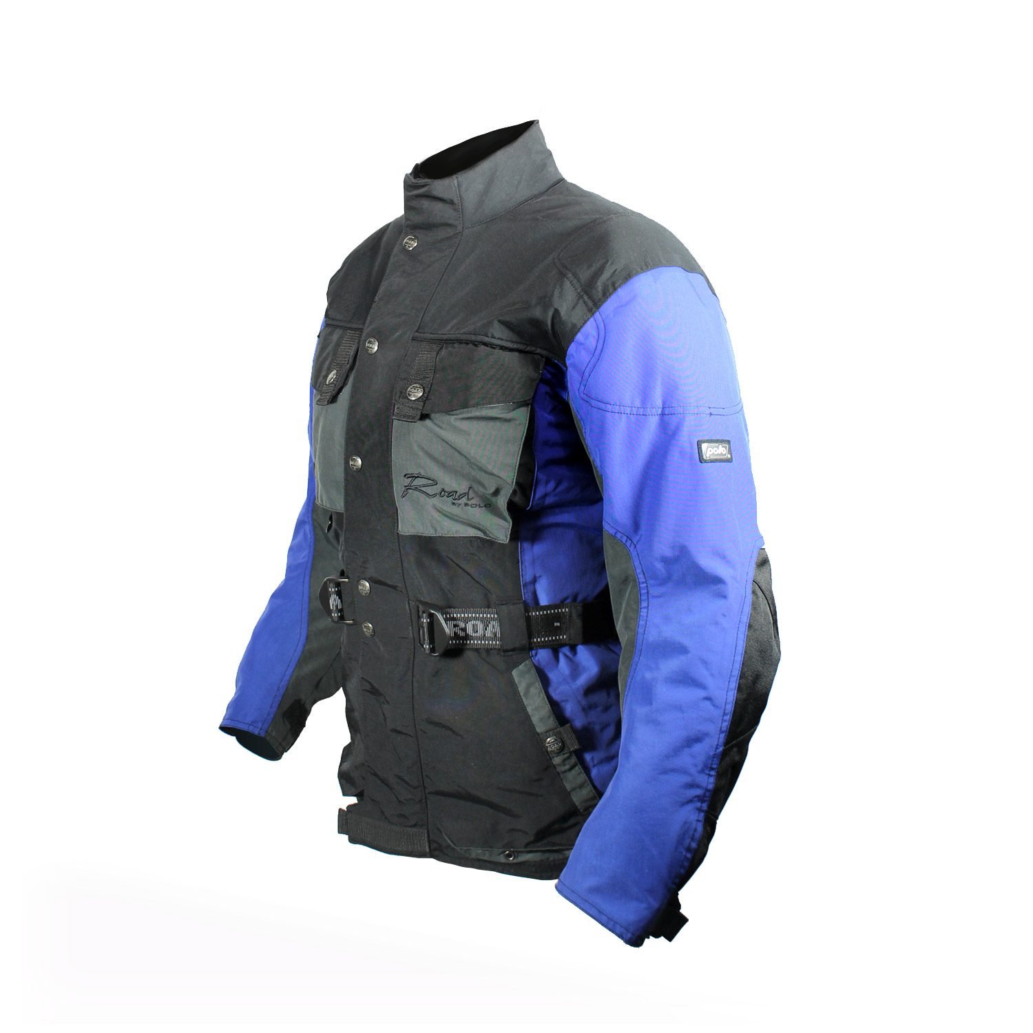 A black and blue Polo Competition R women's leather motorcycle jacket, size 36, in very good condition. Features a snug racing fit, shoulder, elbow, and back protectors, reflective stripes, and a connection zipper for track days or street riding.