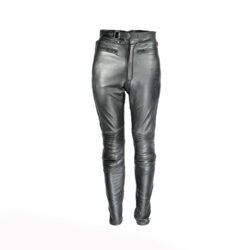 A pair of black Polo leather motorcycle trousers, size M 50 (82 cm stretch waist), in very good condition. Features a café-racer style with high-quality perforated cowhide for ventilation, foam knee and hip protection, and a full-length jacket connection zipper.