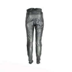 A pair of black Polo leather motorcycle trousers, size M 50 (82 cm stretch waist), in very good condition. Features a café-racer style with high-quality perforated cowhide for ventilation, foam knee and hip protection, and a full-length jacket connection zipper.