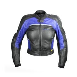 A black and blue Competition R by Polo women's leather racing jacket, size 36, in very good condition. Features a snug track-focused fit, shoulder, elbow, and back protectors, reflective stripes, and a full jacket-to-pants connection zipper.
