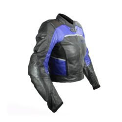 A black and blue Competition R by Polo women's leather racing jacket, size 36, in very good condition. Features a snug track-focused fit, shoulder, elbow, and back protectors, reflective stripes, and a full jacket-to-pants connection zipper.