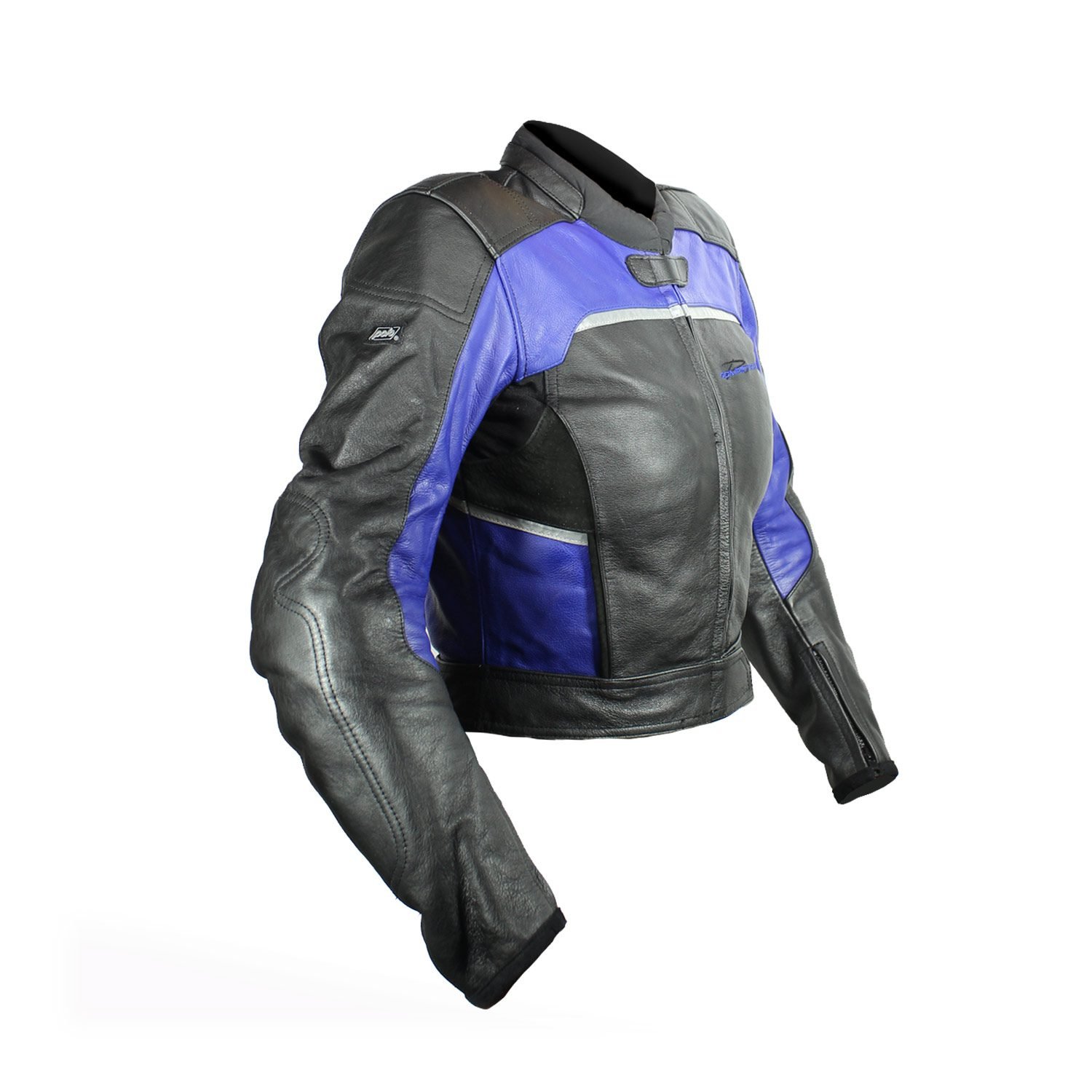 A black and blue Competition R by Polo women's leather racing jacket, size 36, in very good condition. Features a snug track-focused fit, shoulder, elbow, and back protectors, reflective stripes, and a full jacket-to-pants connection zipper.