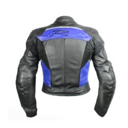 A black and blue Competition R by Polo women's leather racing jacket, size 36, in very good condition. Features a snug track-focused fit, shoulder, elbow, and back protectors, reflective stripes, and a full jacket-to-pants connection zipper.