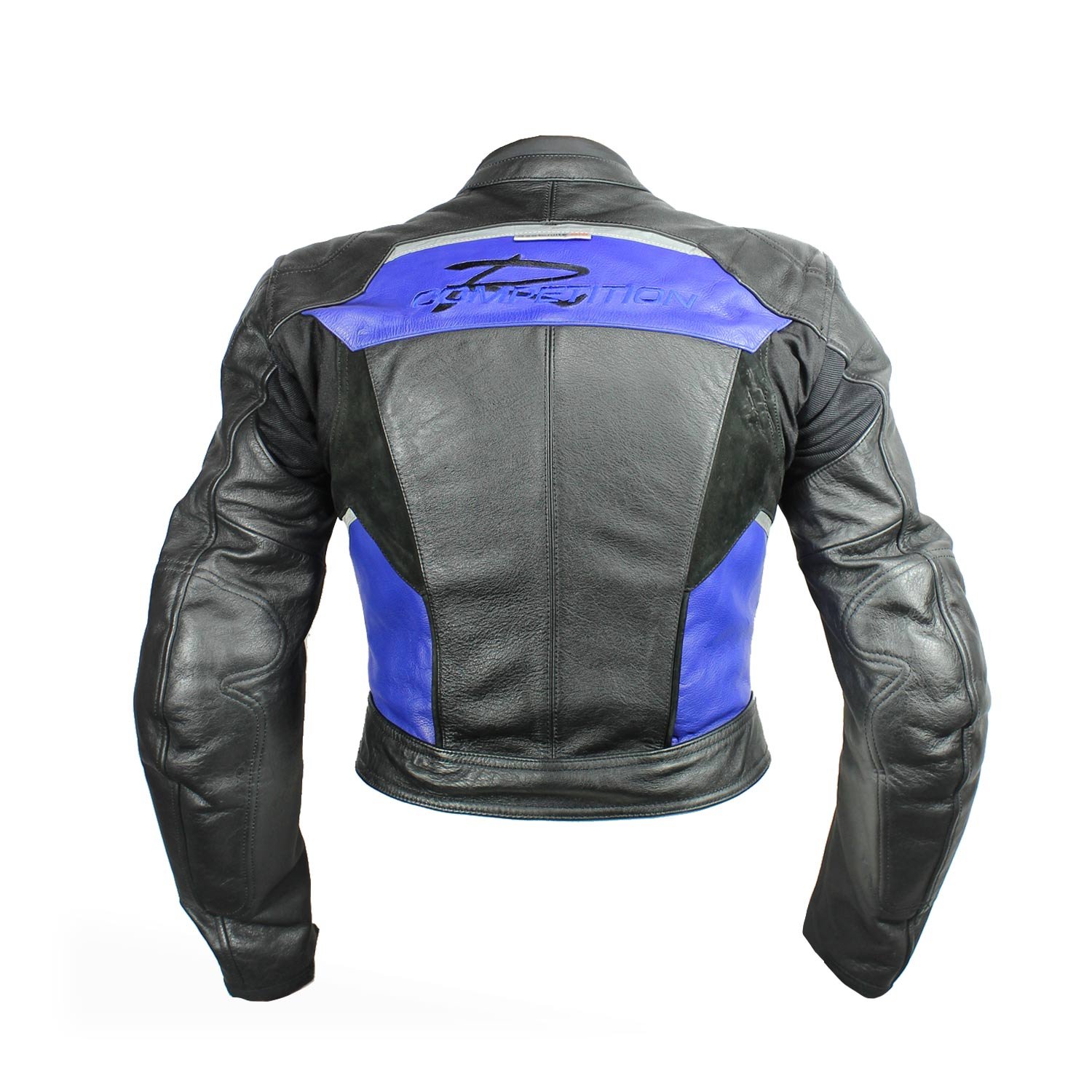 A black and blue Competition R by Polo women's leather racing jacket, size 36, in very good condition. Features a snug track-focused fit, shoulder, elbow, and back protectors, reflective stripes, and a full jacket-to-pants connection zipper.