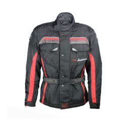 A black and red Probiker waterproof and breathable touring and adventure jacket, size M, in good condition. Features a climate membrane and shoulder protectors. Shows wear and includes professional repair patches in some areas (see product photos)