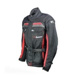 A black and red Probiker waterproof and breathable touring and adventure jacket, size M, in good condition. Features a climate membrane and shoulder protectors. Shows wear and includes professional repair patches in some areas (see product photos)