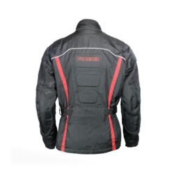 A black and red Probiker waterproof and breathable touring and adventure jacket, size M, in good condition. Features a climate membrane and shoulder protectors. Shows wear and includes professional repair patches in some areas (see product photos)